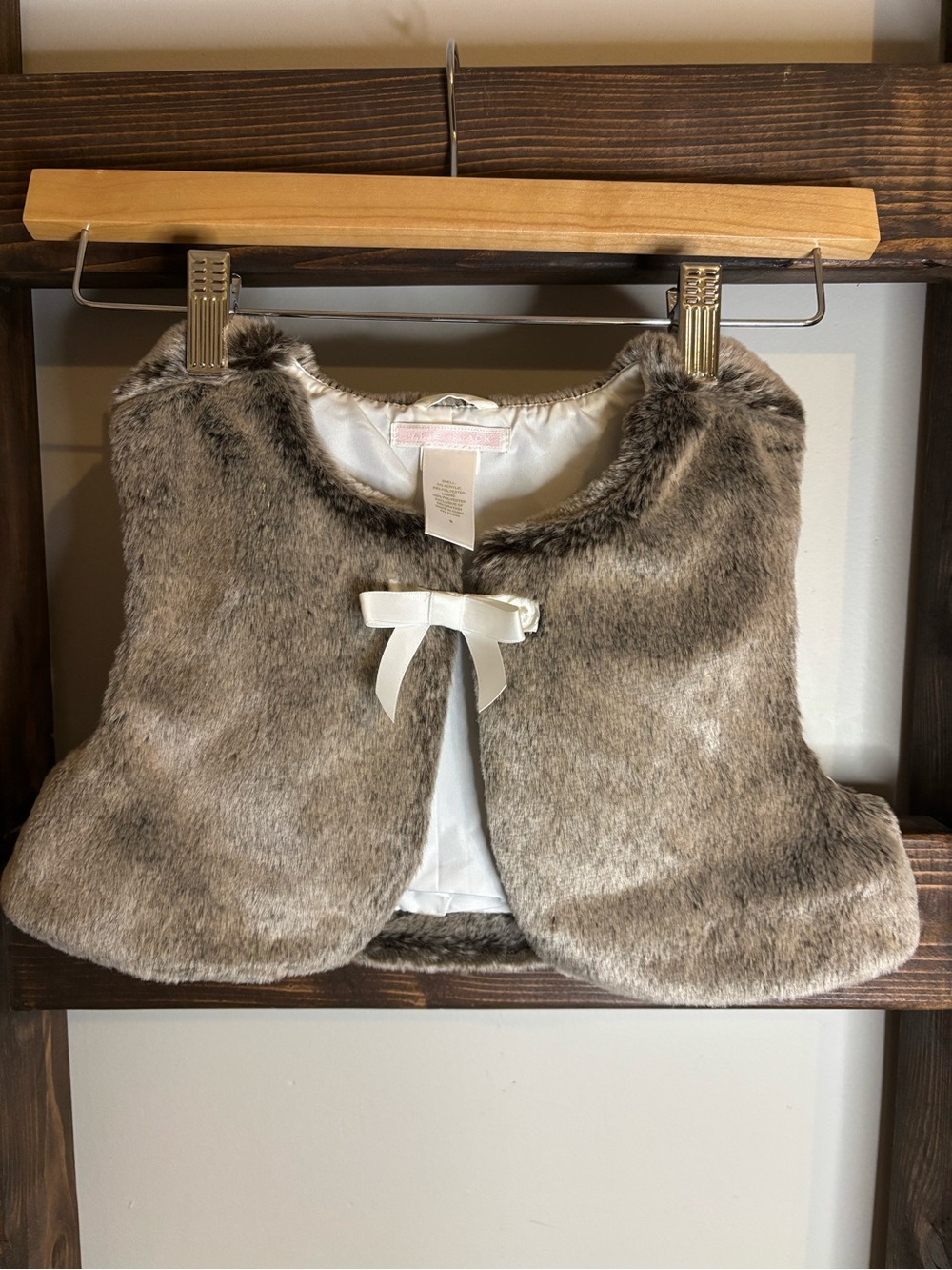 Janie and Jack Taupe Faux Fur Vest with Bow